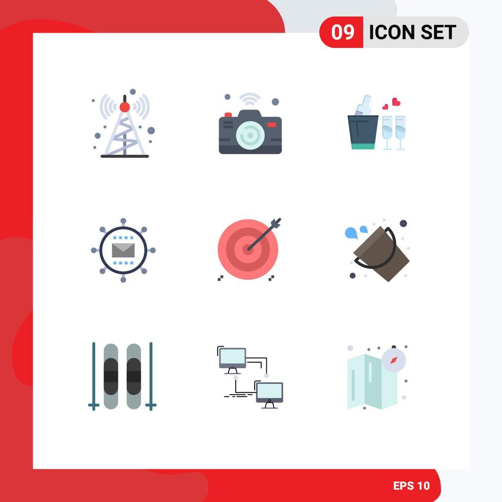 Modern Set of 9 Flat Colors Pictograph of aim optimization bottle media engine Editable Vector Design Elements