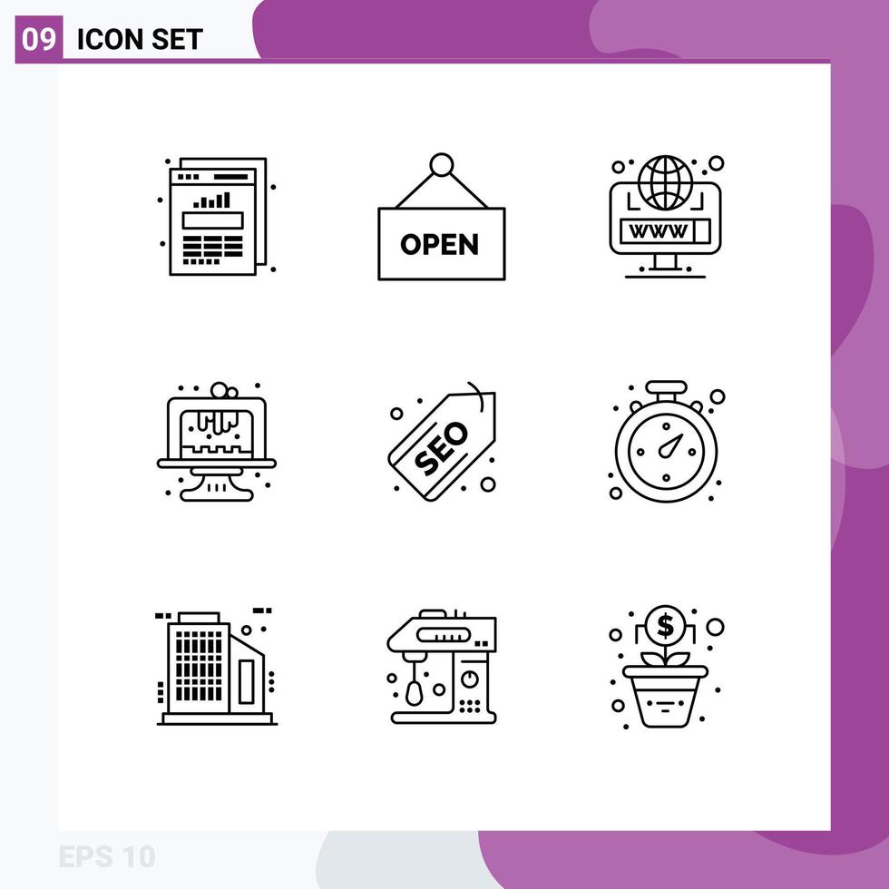 Editable Vector Line Pack of 9 Simple Outlines of label web globe dessert birthday Editable Vector Design Elements