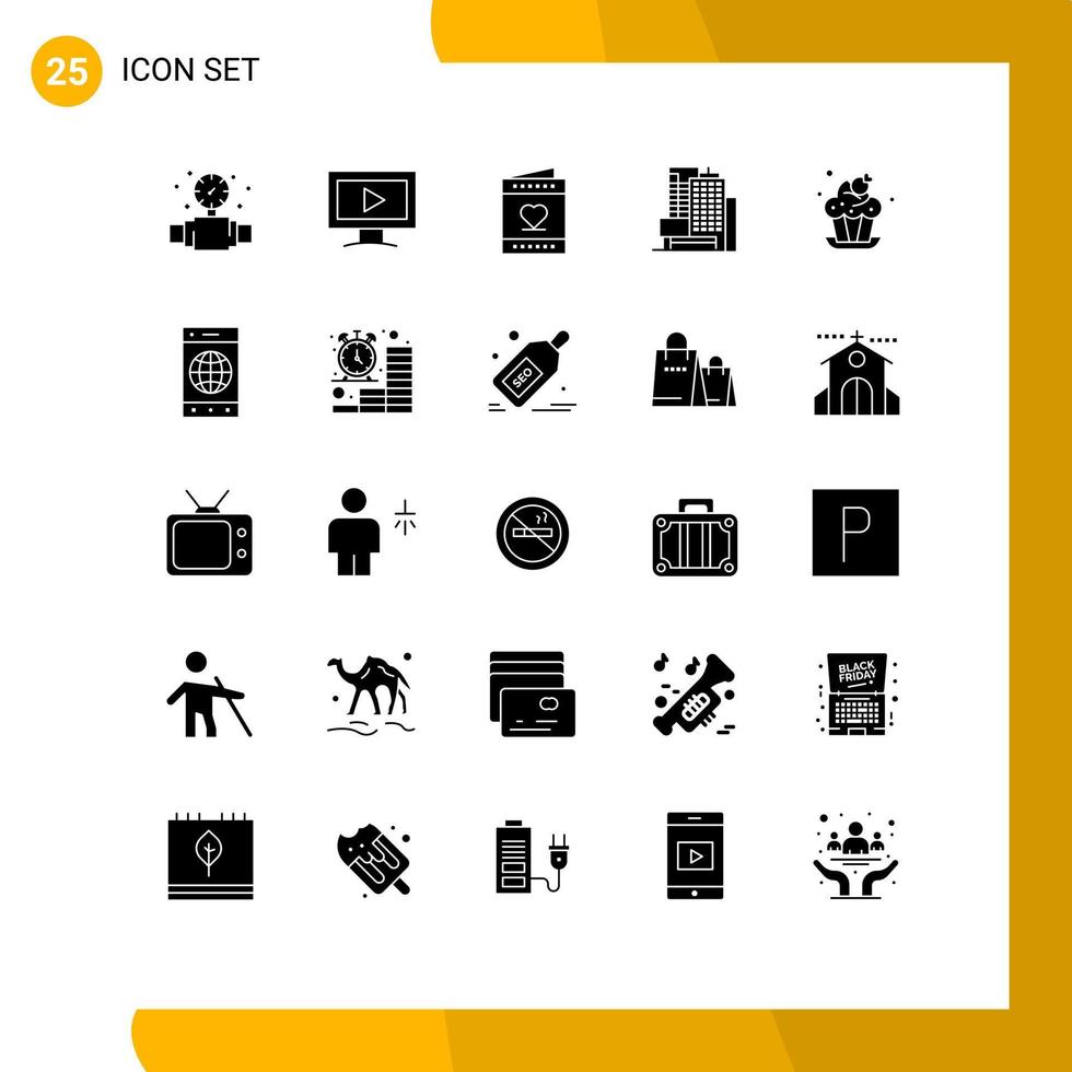 Modern Set of 25 Solid Glyphs and symbols such as cup bakery card office building Editable Vector Design Elements