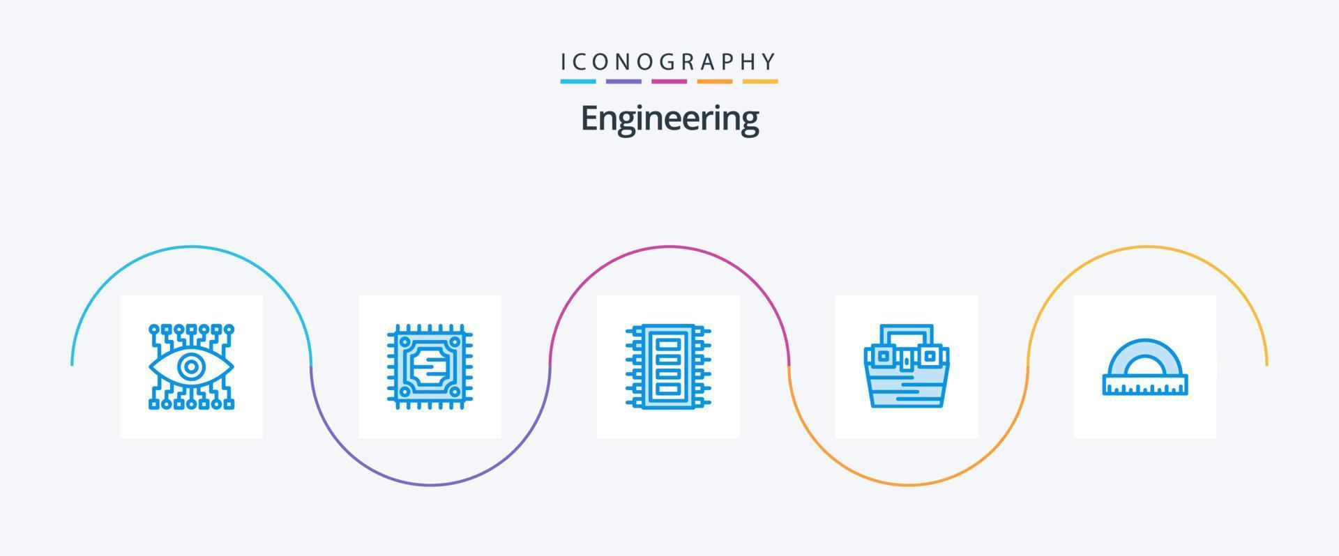 paquete de iconos de ingeniería azul 5 que incluye construcción. caja de herramientas chip. material. caja vector