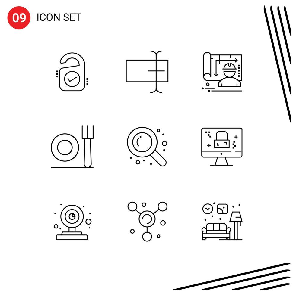 9 User Interface Outline Pack of modern Signs and Symbols of dmca protection search blueprint detective plate Editable Vector Design Elements