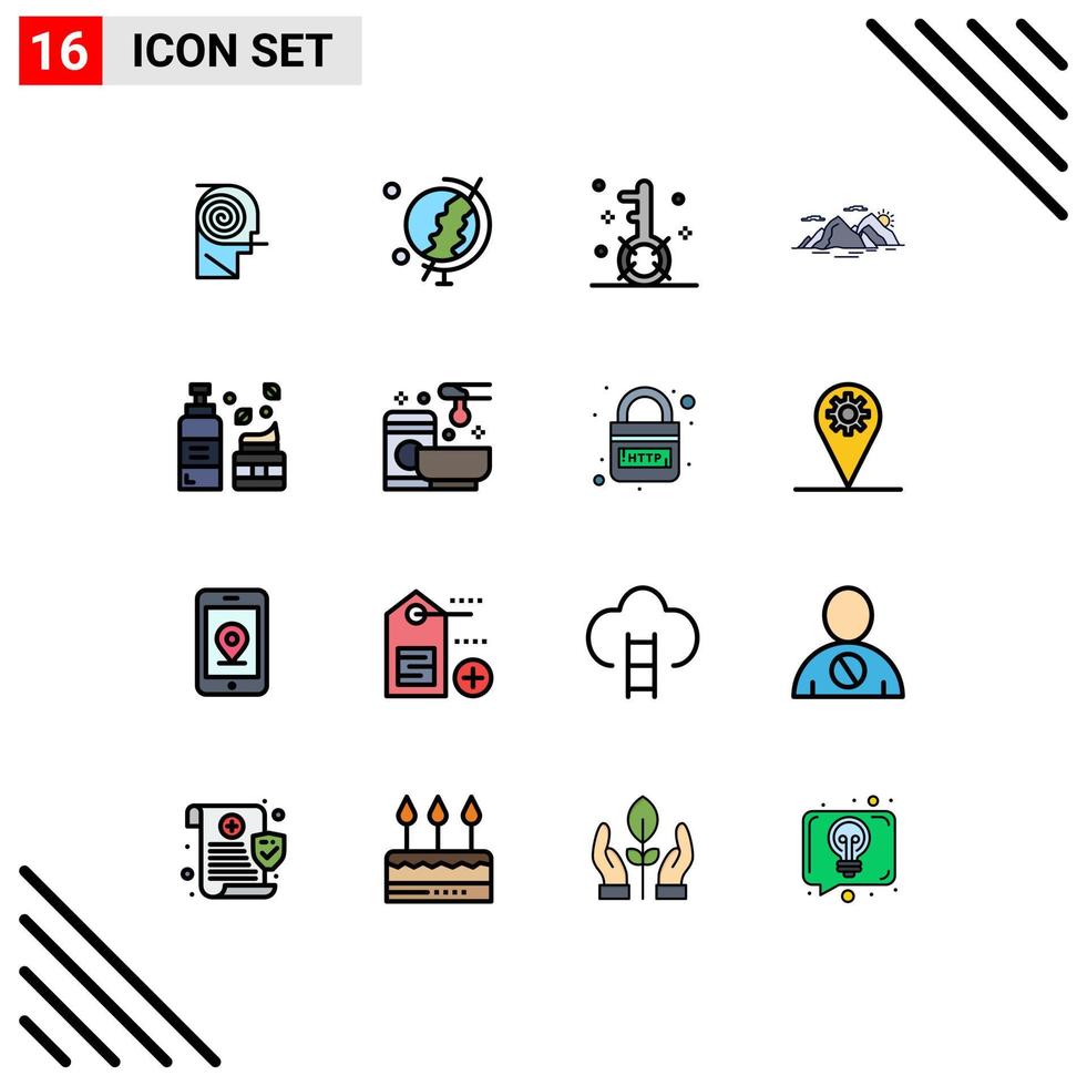 Pictogram Set of 16 Simple Flat Color Filled Lines of evening landscape engine hill search Editable Creative Vector Design Elements