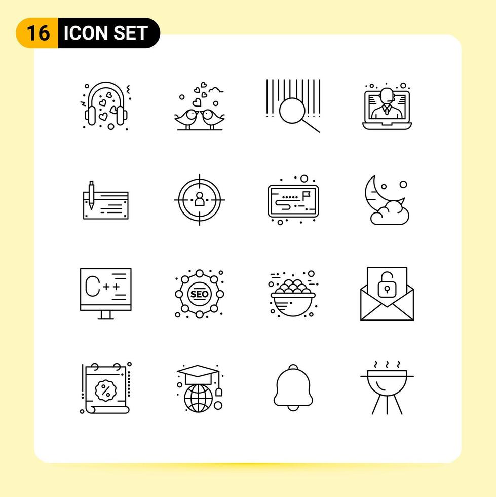 Mobile Interface Outline Set of 16 Pictograms of check support loving help search Editable Vector Design Elements