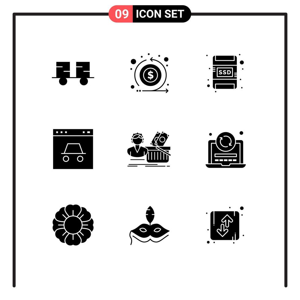 símbolos de iconos universales grupo de 9 glifos sólidos modernos de seguridad salarial retorno seguro hacker elementos de diseño vectorial editables vector