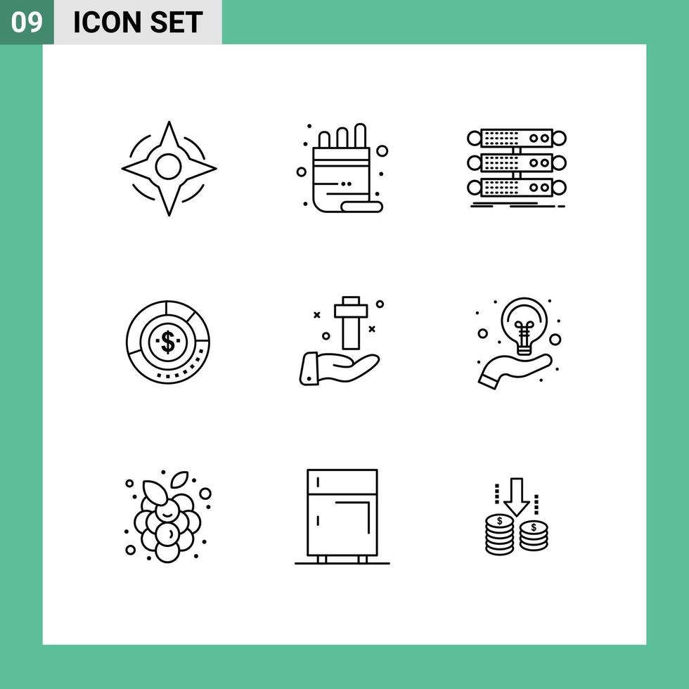 Pack of 9 Modern Outlines Signs and Symbols for Web Print Media such as financial chart structure budget diagram Editable Vector Design Elements