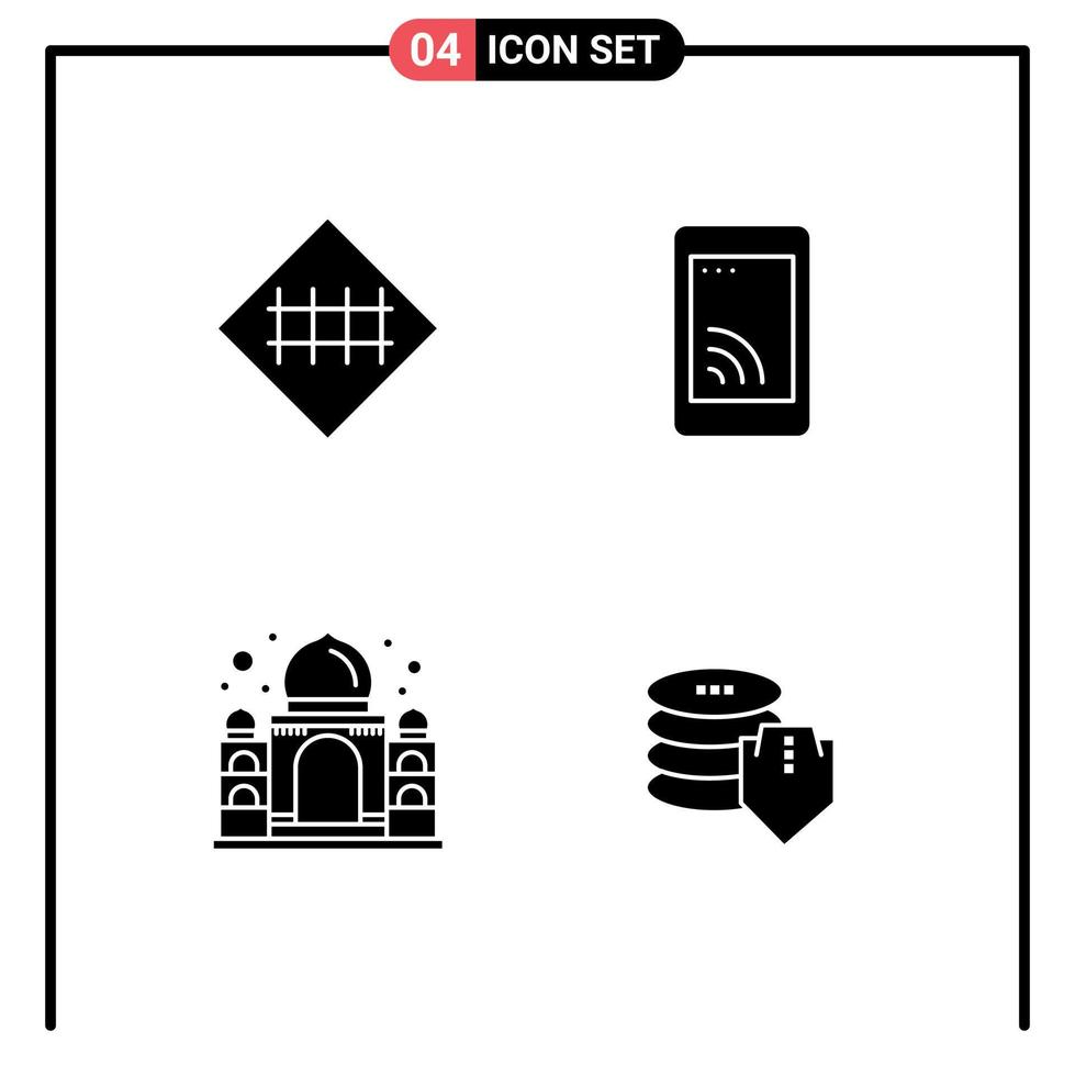 Set of 4 Vector Solid Glyphs on Grid for fence building road sign cell taj mahal Editable Vector Design Elements