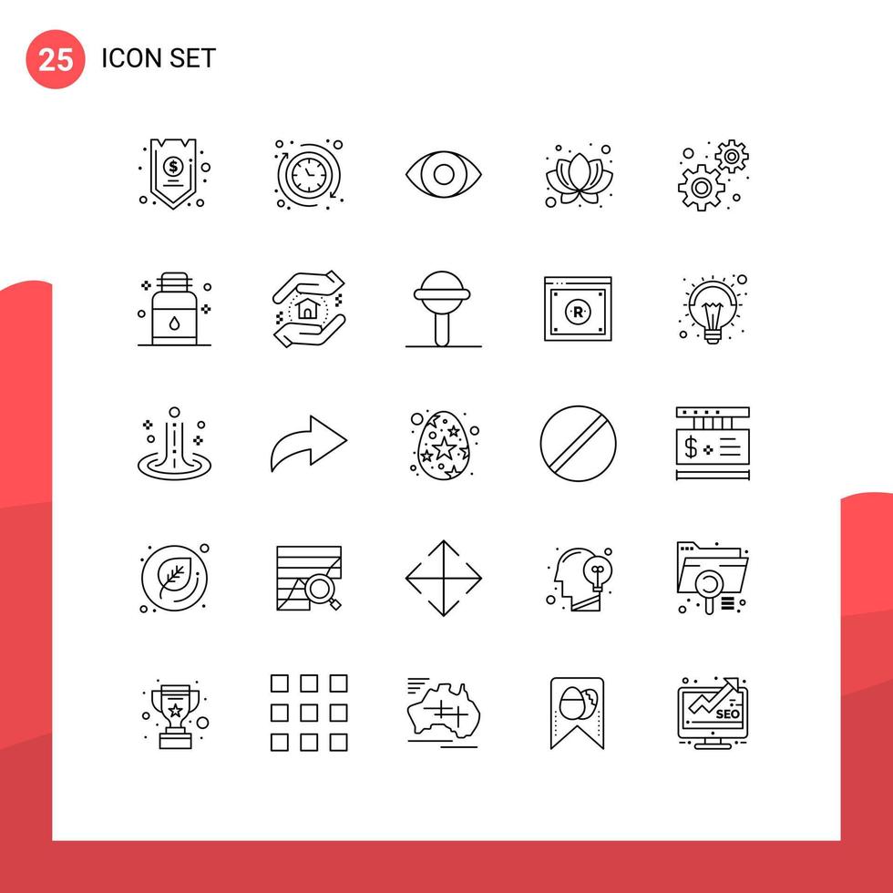 Pack of 25 Modern Lines Signs and Symbols for Web Print Media such as settings development the plant lotus Editable Vector Design Elements