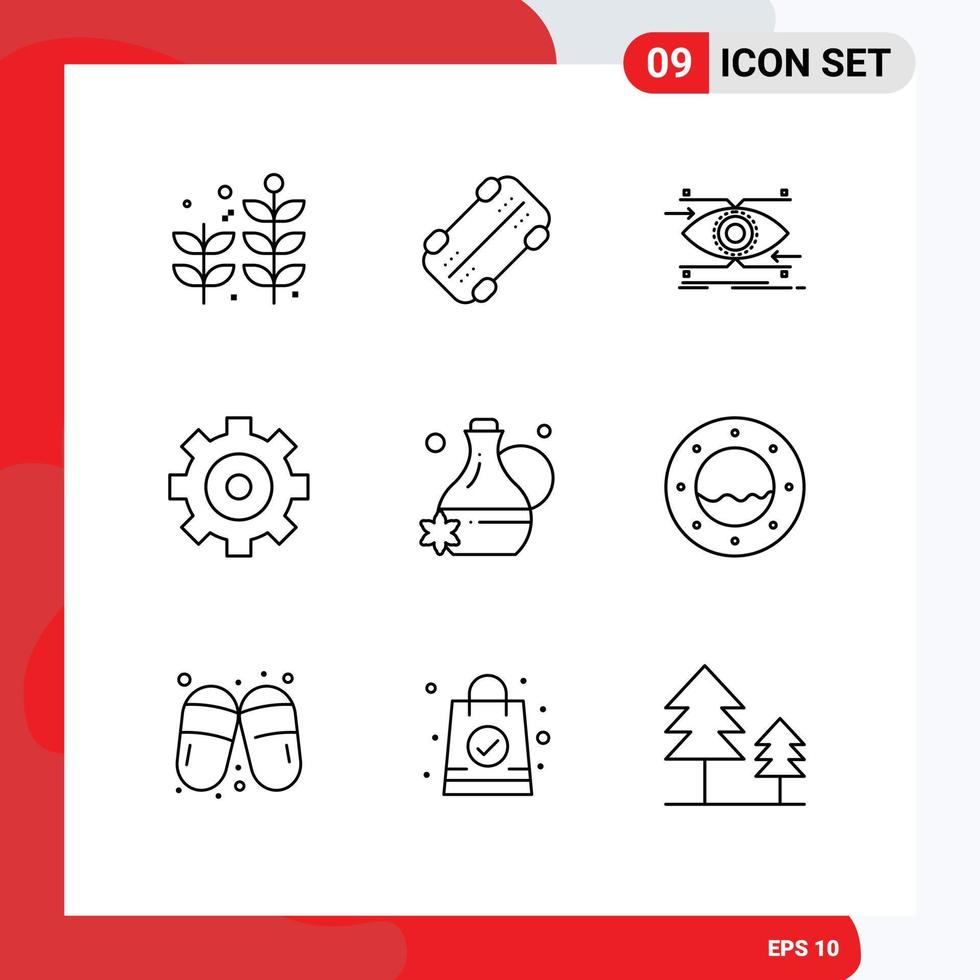 Mobile Interface Outline Set of 9 Pictograms of marine jug focus floral essence gear Editable Vector Design Elements