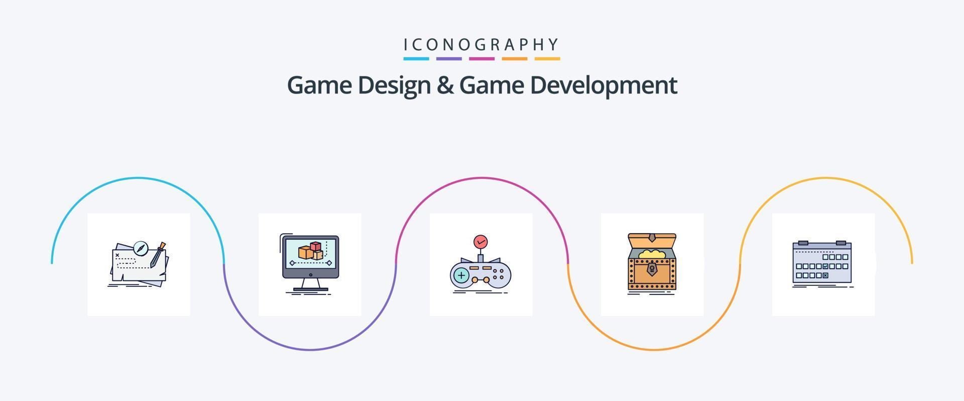 el diseño del juego y la línea de desarrollo del juego llenaron el paquete de iconos planos 5 que incluye oro. caja. monitor. juego de azar. juego vector