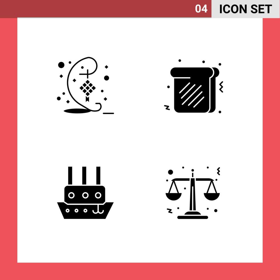 conjunto moderno de 4 pictogramas de glifos sólidos de decoración barco de vapor hari raya justicia alimentaria elementos de diseño vectorial editables vector