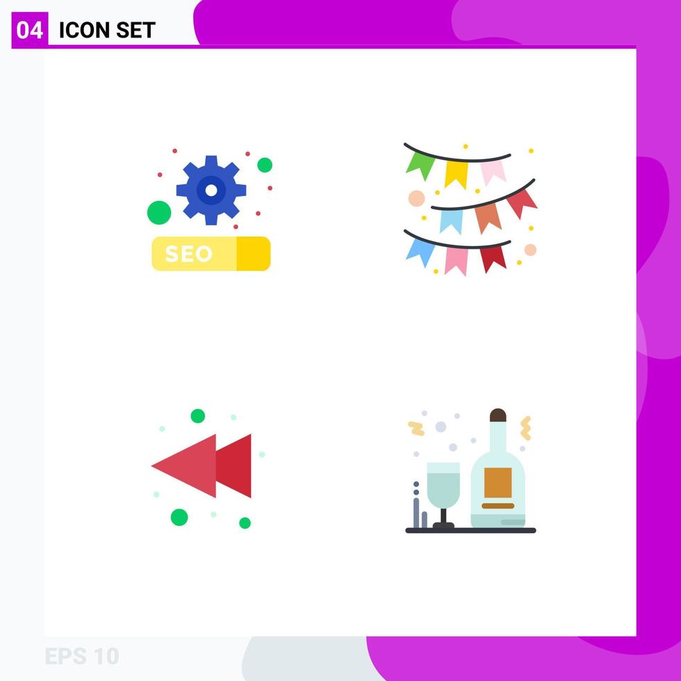 paquete de 4 iconos planos modernos, signos y símbolos para medios de impresión web, como el rebobinado de engranajes, celebrar botellas de alcohol de cinta, elementos de diseño vectorial editables vector