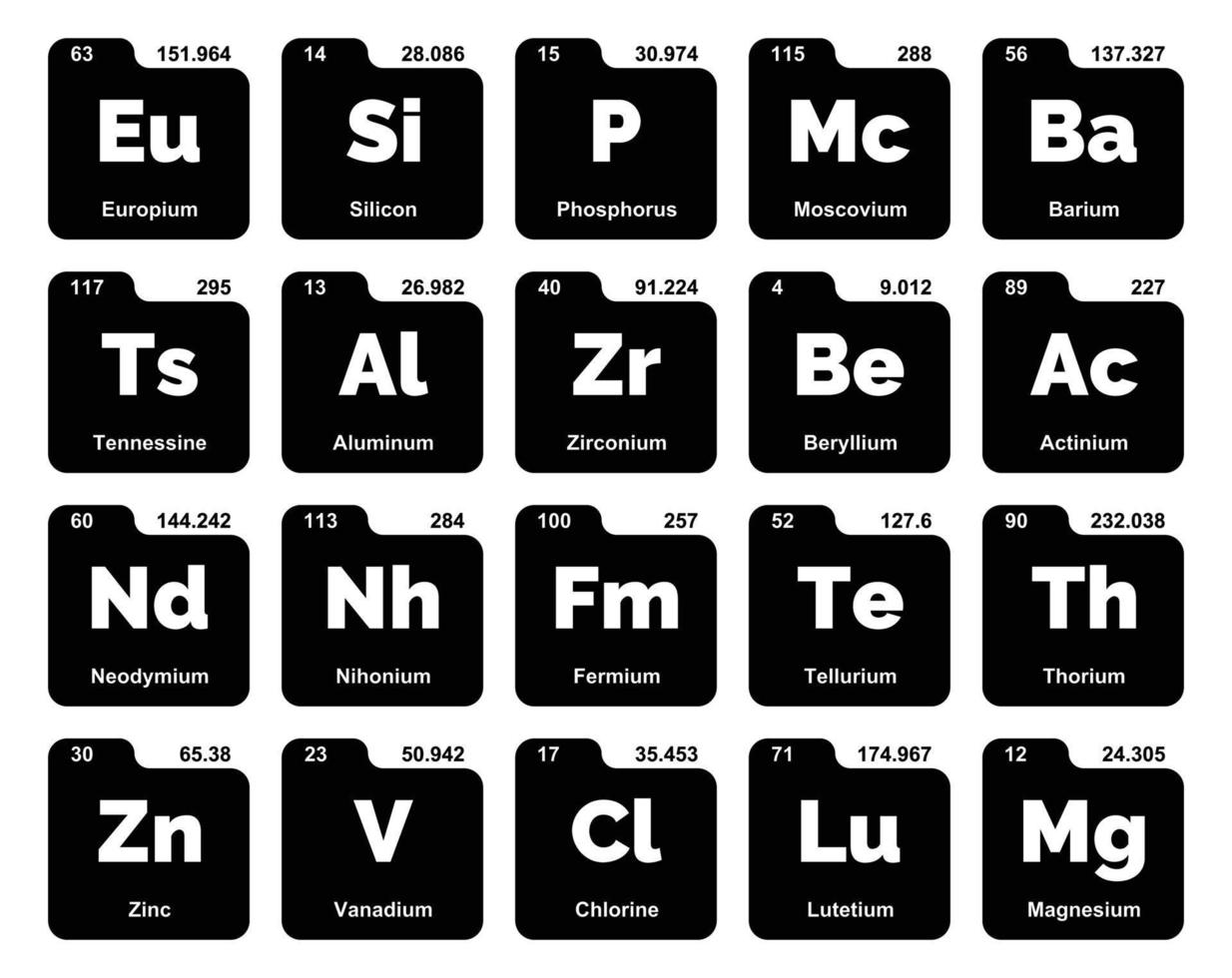 diseño de paquete de iconos de 20 tablas preiodicas de los elementos vector