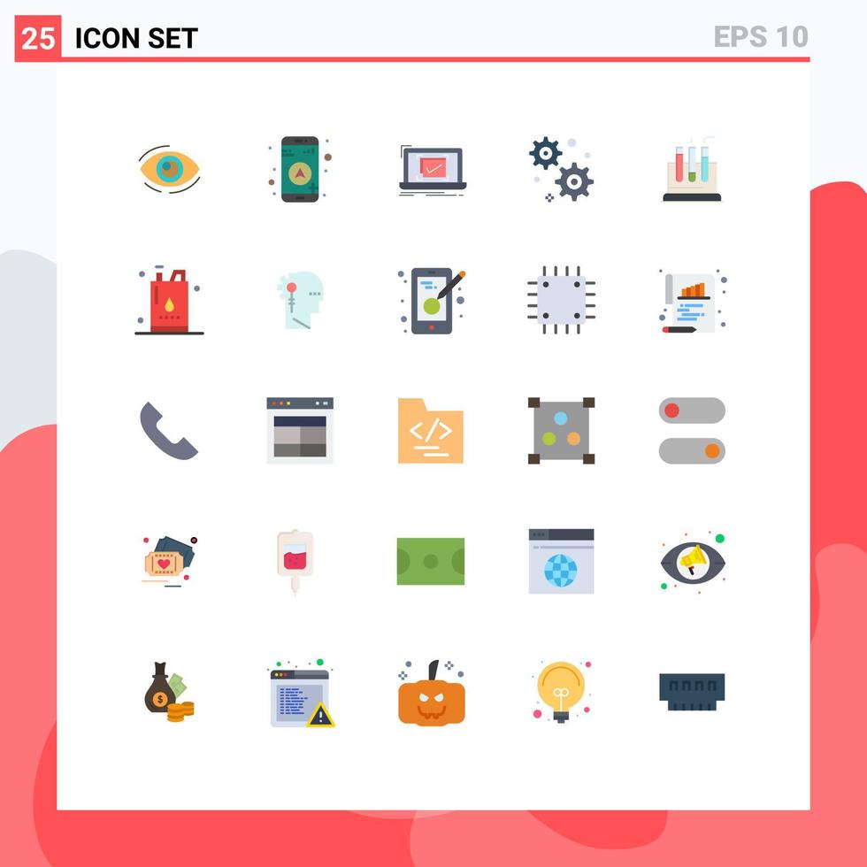 paquete de interfaz de usuario de 25 colores planos básicos del mapa de configuración de engranajes de tubo ok lista de verificación elementos de diseño vectorial editables vector