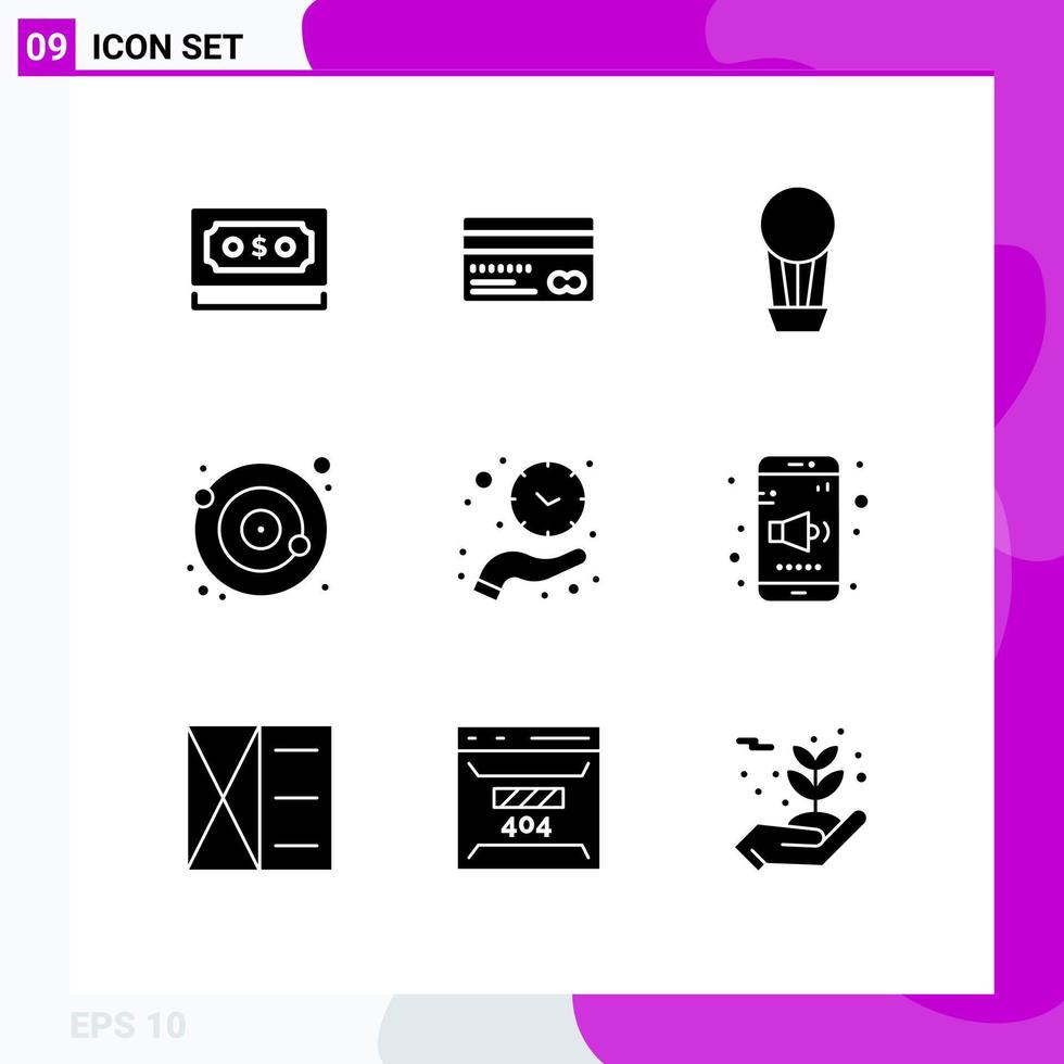 Pack of 9 Modern Solid Glyphs Signs and Symbols for Web Print Media such as clock orbit back moon hot Editable Vector Design Elements