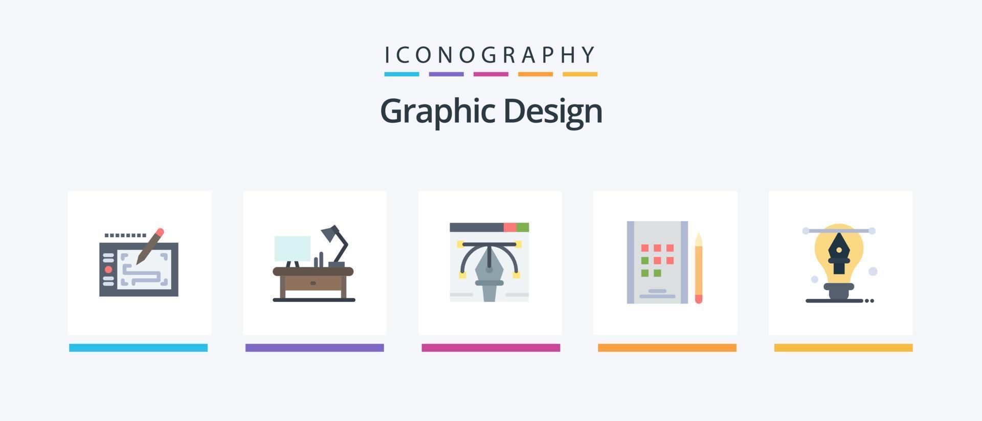 Graphic Design Flat 5 Icon Pack Including designing. bulb. artwork. notes. book. Creative Icons Design vector