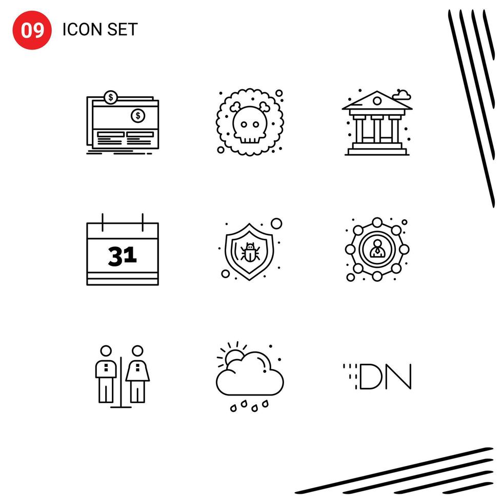 9 Universal Outlines Set for Web and Mobile Applications bug event waste date money Editable Vector Design Elements