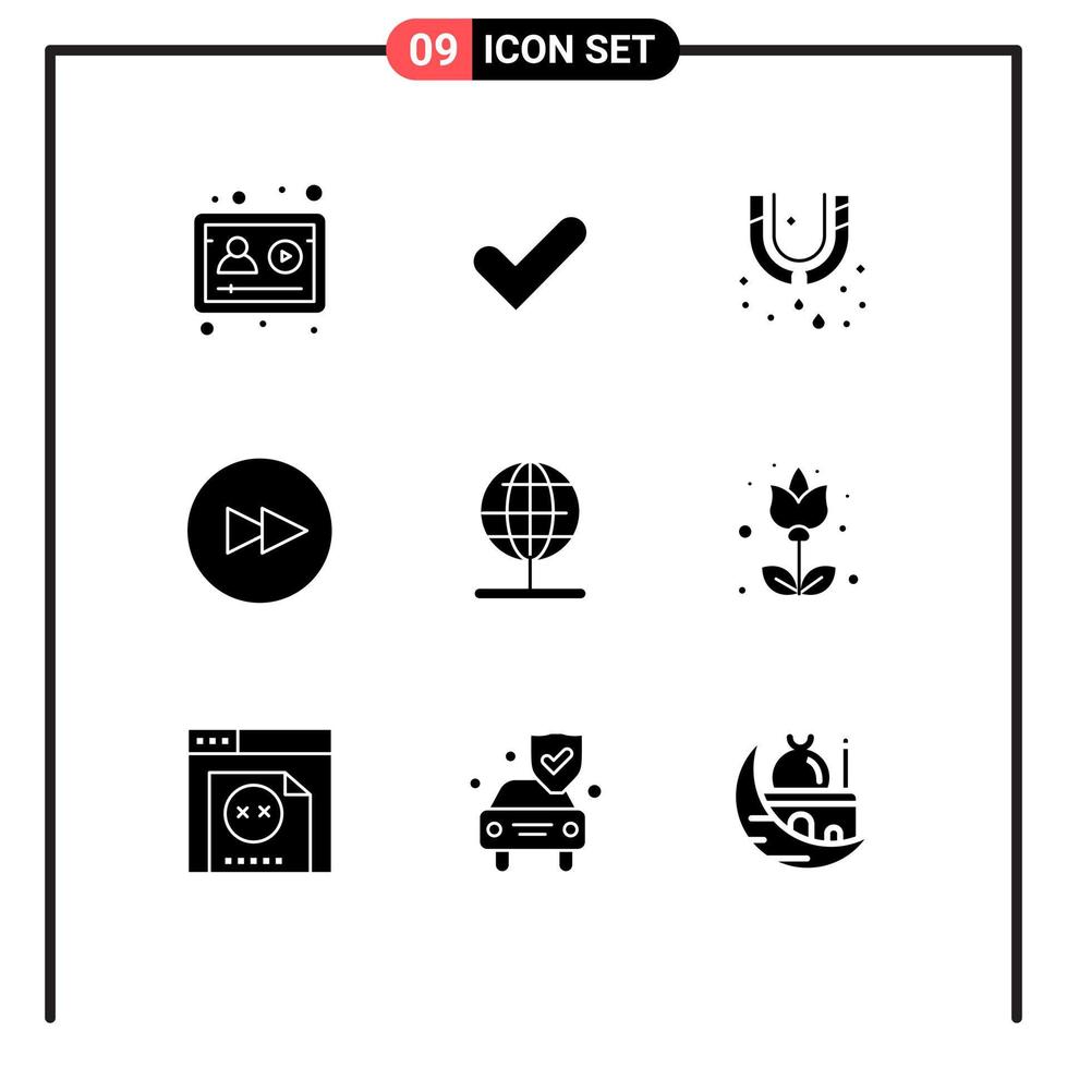 9 User Interface Solid Glyph Pack of modern Signs and Symbols of stand globe leak next circle Editable Vector Design Elements