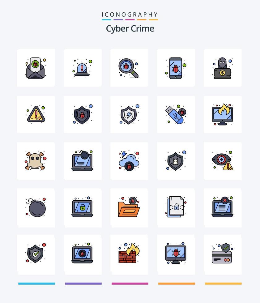 paquete de iconos llenos de 25 líneas de delitos cibernéticos creativos, como espía. móvil. rojo. bicho. buscar vector