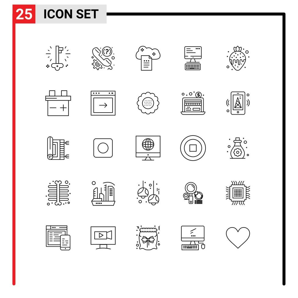 Pack of 25 Modern Lines Signs and Symbols for Web Print Media such as computing keyboard support computer online docs Editable Vector Design Elements