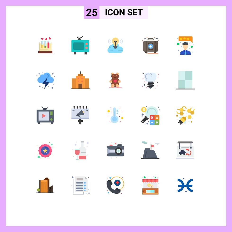 Mobile Interface Flat Color Set of 25 Pictograms of customer satisfaction kit bulb first aid Editable Vector Design Elements