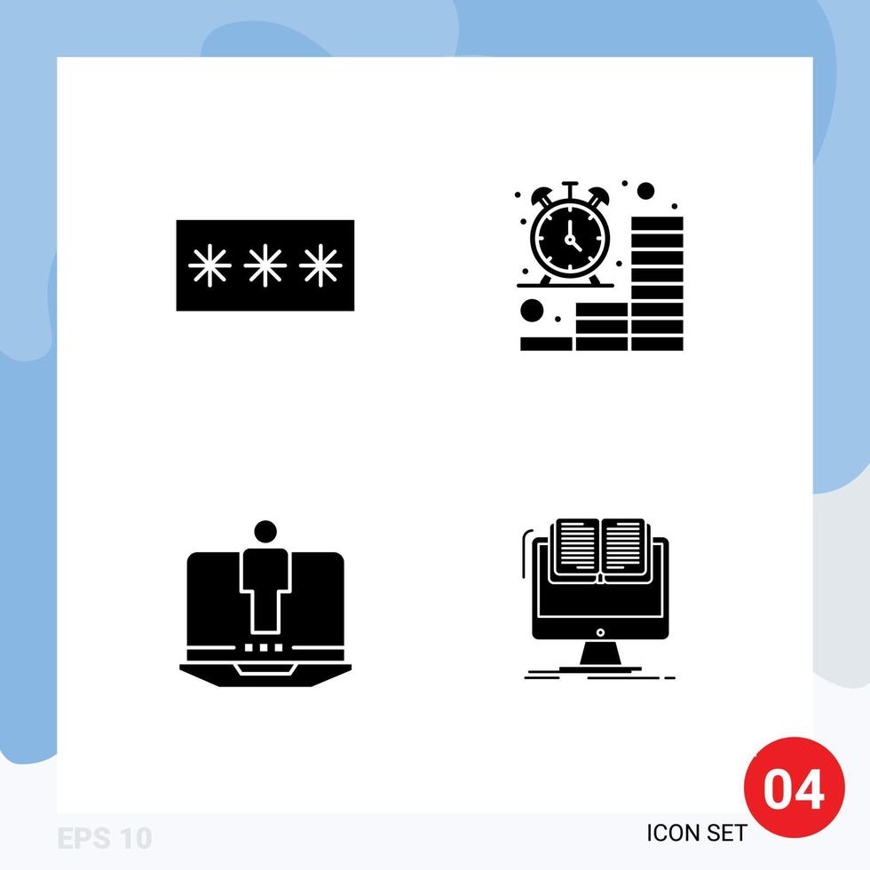 Mobile Interface Solid Glyph Set of 4 Pictograms of code money password clock computer Editable Vector Design Elements