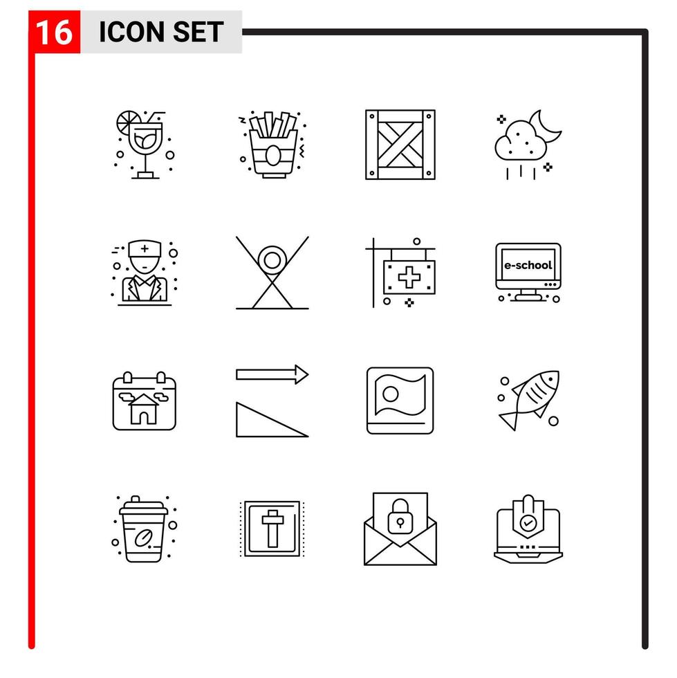 Modern Set of 16 Outlines Pictograph of fast food physician wood male weather Editable Vector Design Elements