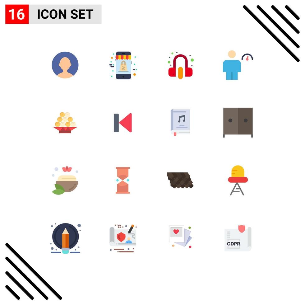 Mobile Interface Flat Color Set of 16 Pictograms of fruit performance headphone indicator body Editable Pack of Creative Vector Design Elements
