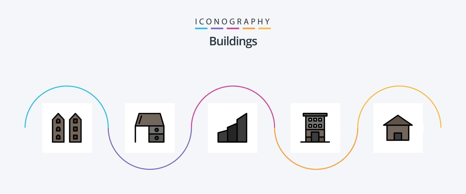 la línea de edificios llenó el paquete de iconos planos 5 que incluye la casa. edificio. escritorio de oficina. edificios de oficinas. edificios vector