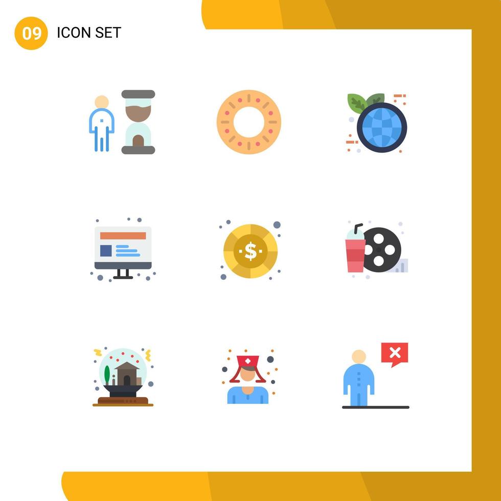 Mobile Interface Flat Color Set of 9 Pictograms of dollar coin earth day webpage seo Editable Vector Design Elements