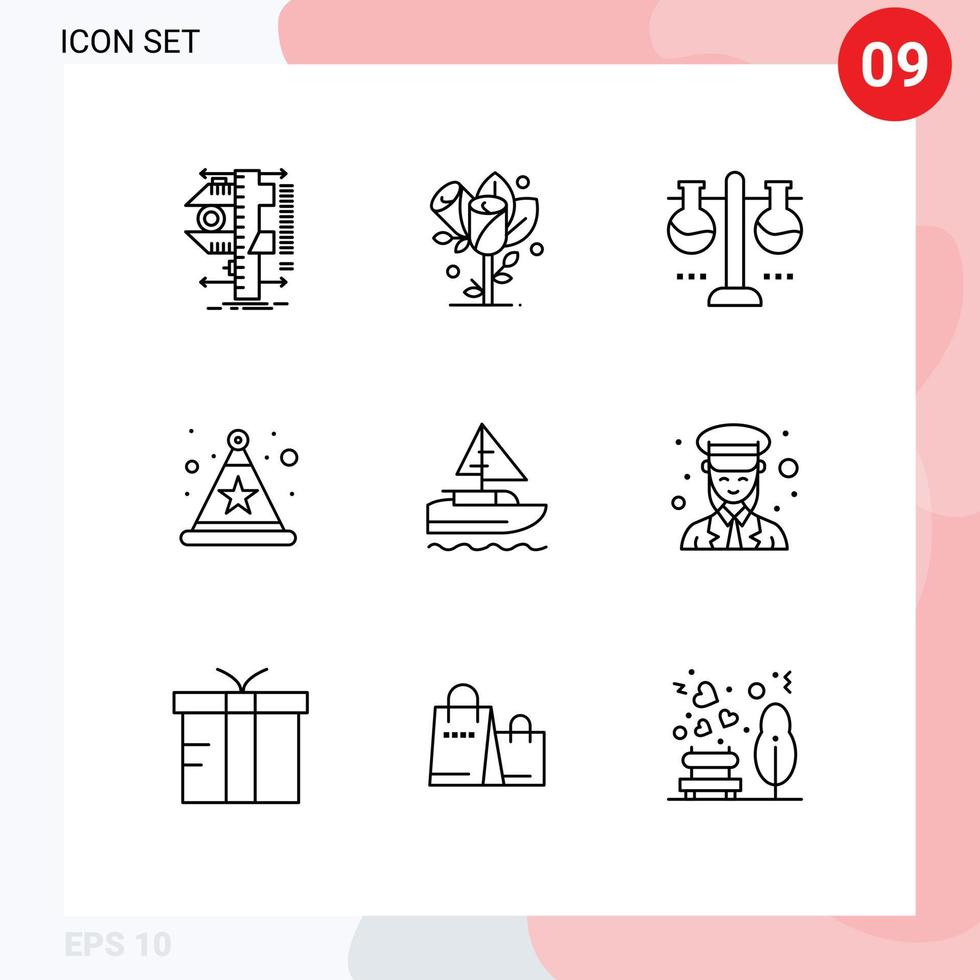 Mobile Interface Outline Set of 9 Pictograms of boat hat wedding celebration test flask Editable Vector Design Elements