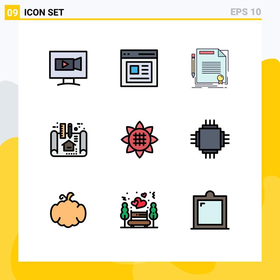 User Interface Pack of 9 Basic Filledline Flat Colors of flora plan agreement architecture paper Editable Vector Design Elements