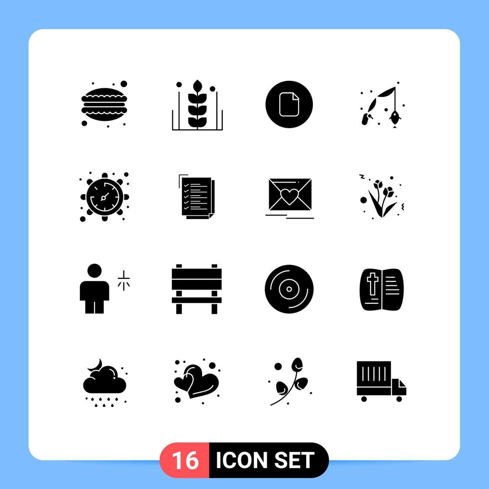 16 Thematic Vector Solid Glyphs and Editable Symbols of gear hobbies wheat fishing ui Editable Vector Design Elements