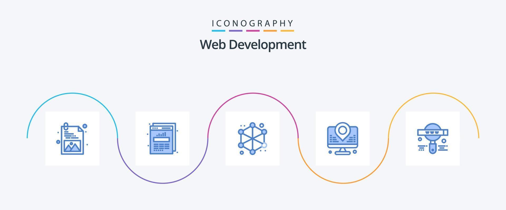 paquete de iconos azul 5 de desarrollo web que incluye búsqueda. desarrollo. datos. mapa. Internet vector