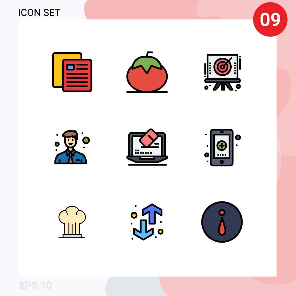 Set of 9 Commercial Filledline Flat Colors pack for data office vegetables man target Editable Vector Design Elements