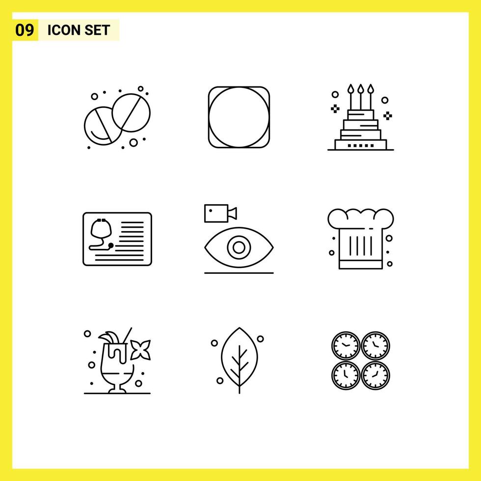 Universal Icon Symbols Group of 9 Modern Outlines of cam healthcare celebration cardiology stethoscope Editable Vector Design Elements