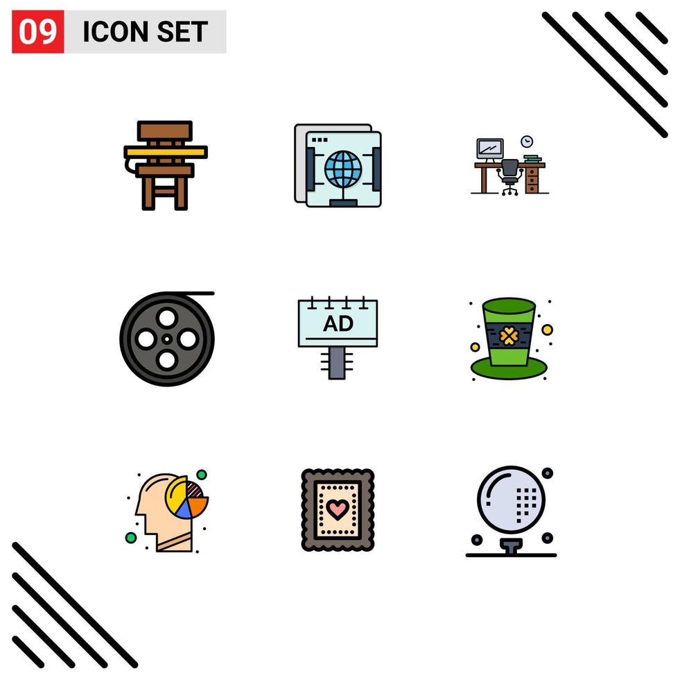 9 Creative Icons Modern Signs and Symbols of video film globe camera office table Editable Vector Design Elements