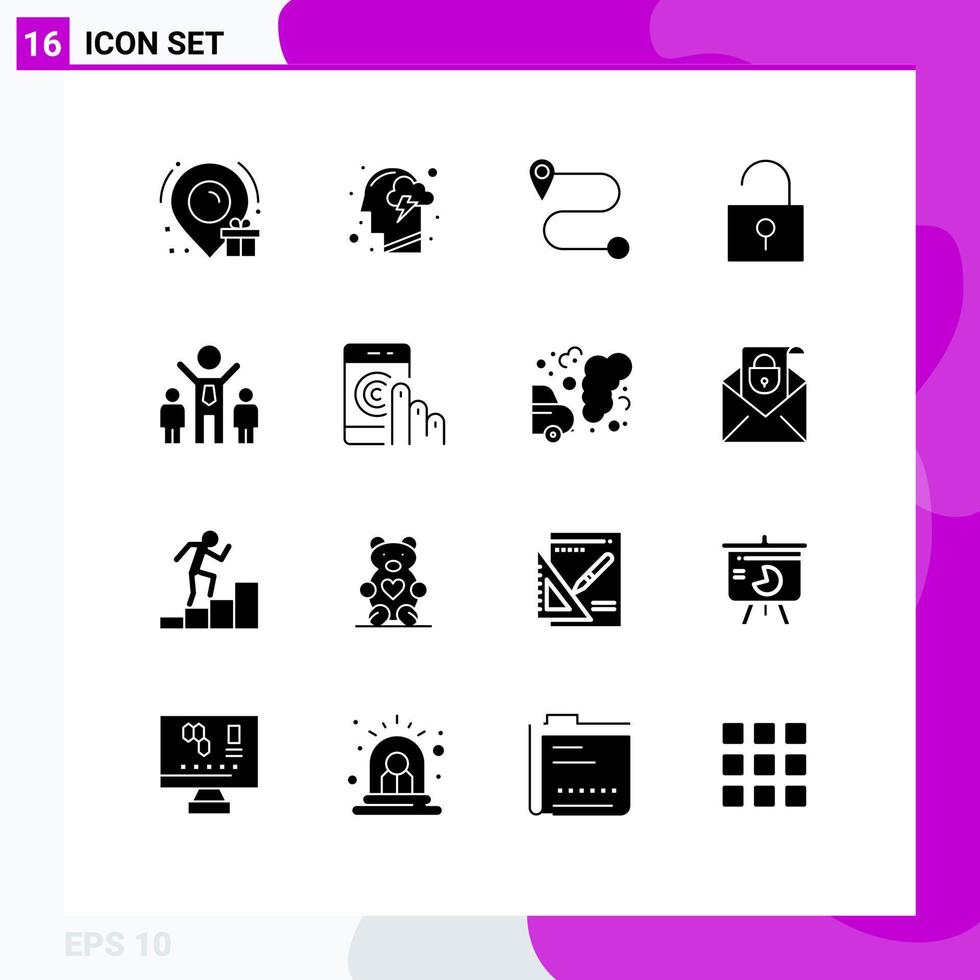 Mobile Interface Solid Glyph Set of 16 Pictograms of help click route people company Editable Vector Design Elements