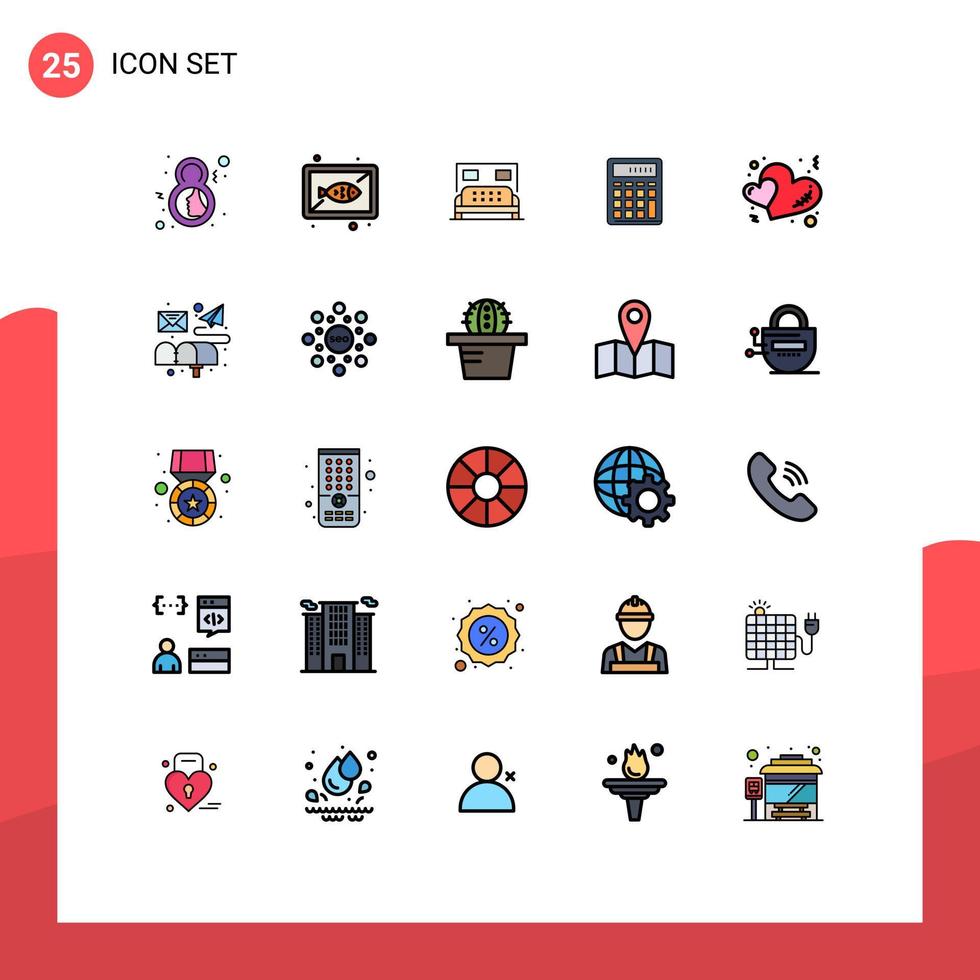 Pack of 25 Modern Filled line Flat Colors Signs and Symbols for Web Print Media such as calculate accounting dish calculator bedroom Editable Vector Design Elements