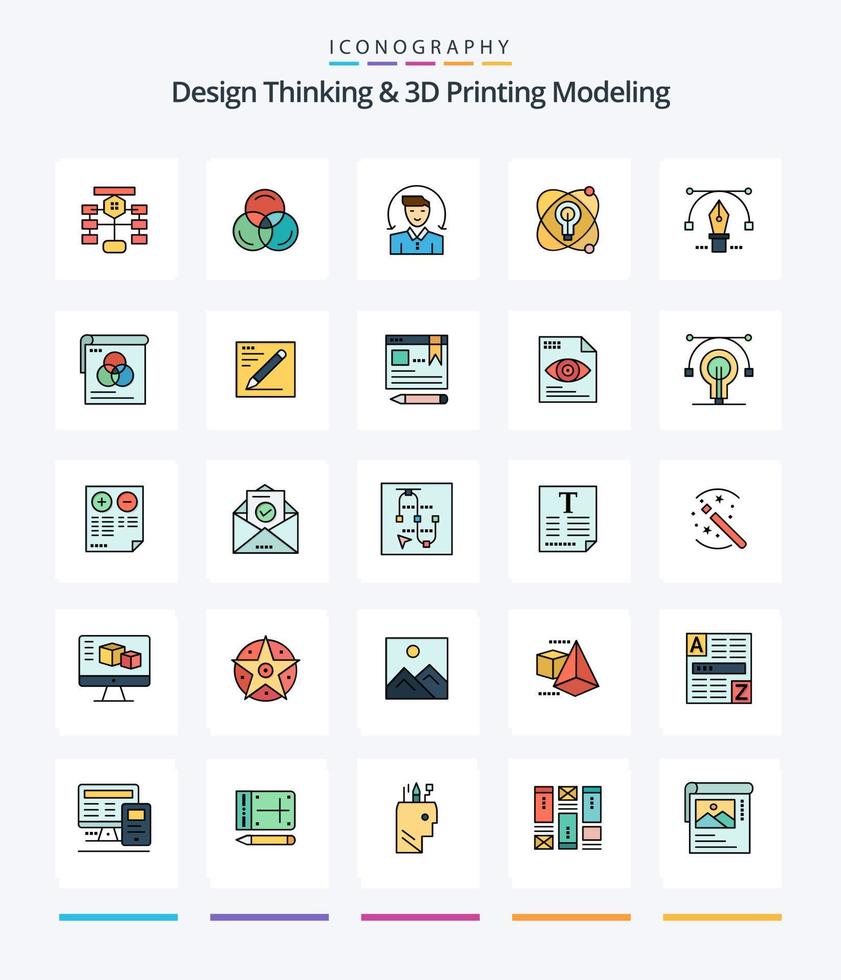 Creative Design Thinking And D Printing Modeling 25 Line FIlled icon pack  Such As pencil. bulb. user. nuclear. atom vector