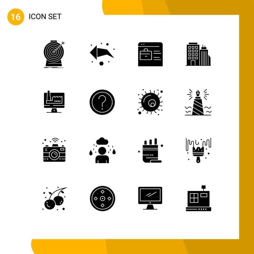 Solid Glyph Pack of 16 Universal Symbols of building headoffice bag tower building Editable Vector Design Elements