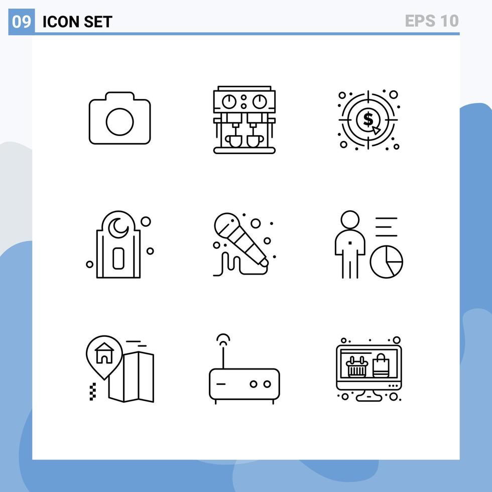 Set of 9 Vector Outlines on Grid for sound mic currency prayer mosque Editable Vector Design Elements