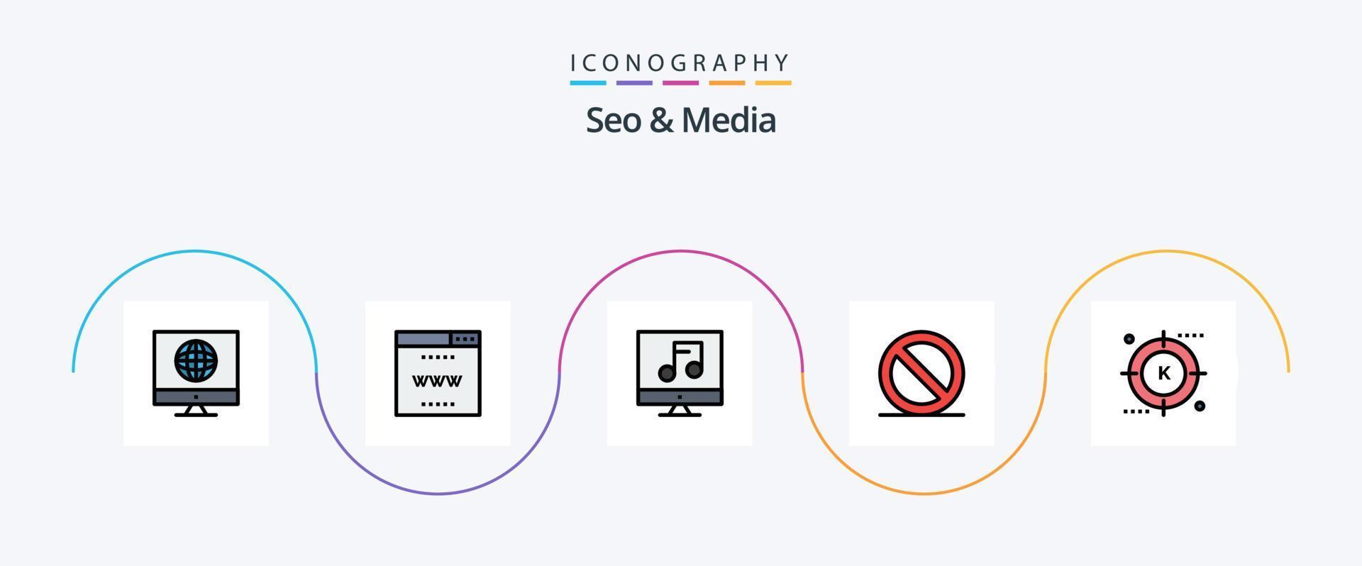 Seo and Media Line Filled Flat 5 Icon Pack Including media. engine. audio. stop. close vector