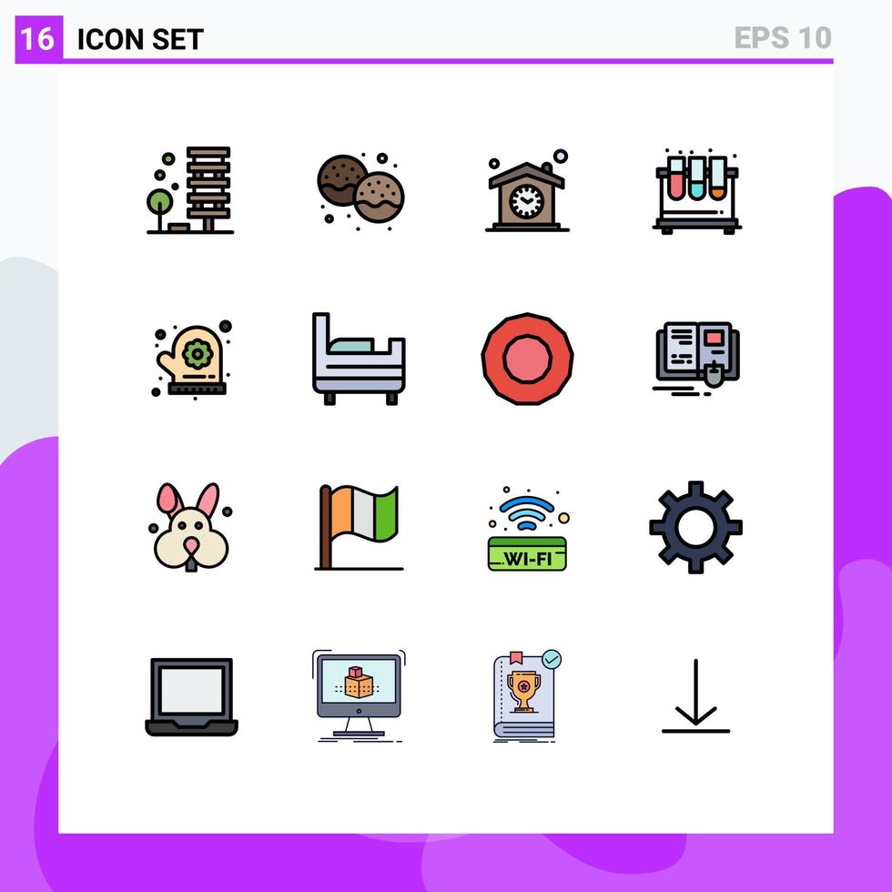 16 Thematic Vector Flat Color Filled Lines and Editable Symbols of tubes chemistry eat design time Editable Creative Vector Design Elements