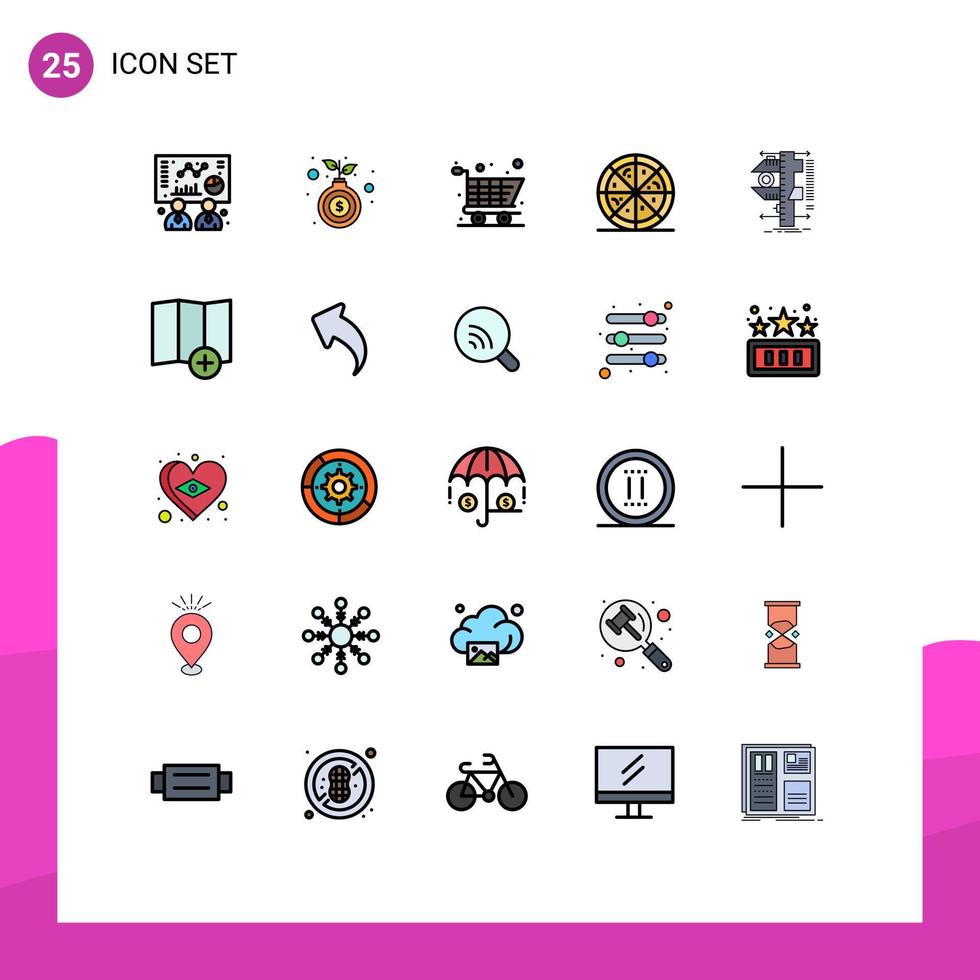 Pack of 25 Modern Filled line Flat Colors Signs and Symbols for Web Print Media such as location physics online shopping calipers measure Editable Vector Design Elements