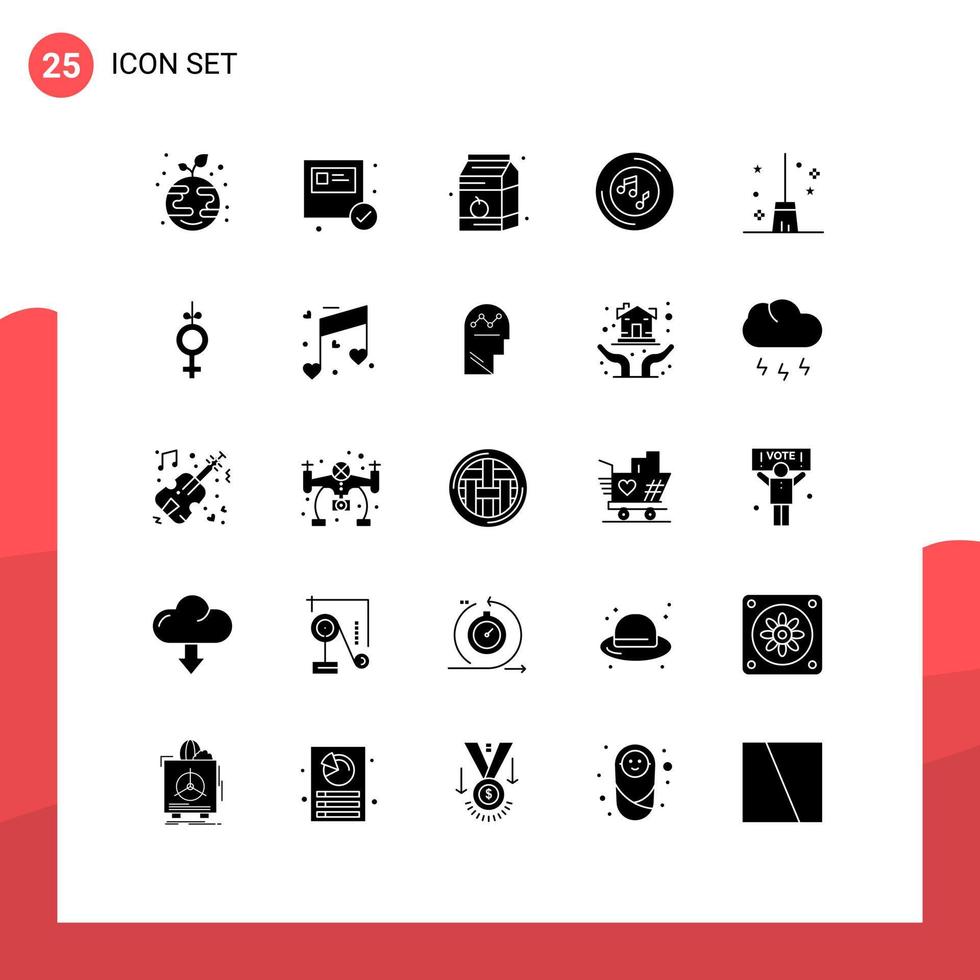 Set of 25 Modern UI Icons Symbols Signs for broom player breakfast note music Editable Vector Design Elements