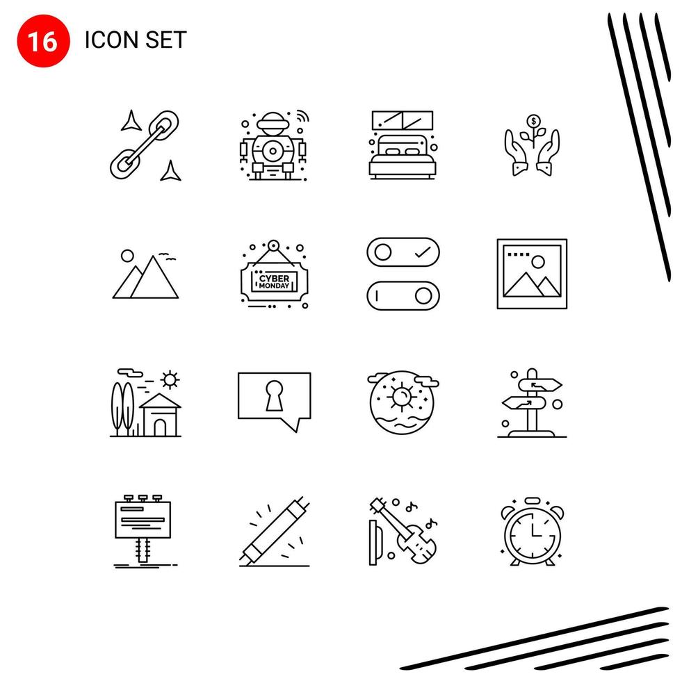 Universal Icon Symbols Group of 16 Modern Outlines of plant growing bed grow growth Editable Vector Design Elements