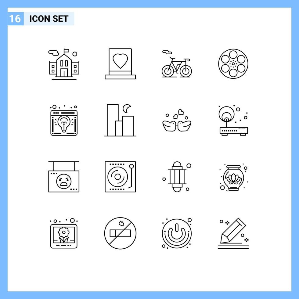 Mobile Interface Outline Set of 16 Pictograms of business idea tape bicycle tank movie Editable Vector Design Elements