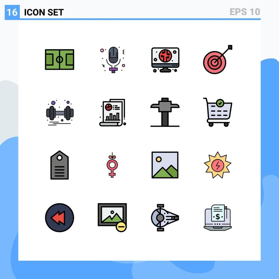 Pictogram Set of 16 Simple Flat Color Filled Lines of health gym computer dumbbell sport Editable Creative Vector Design Elements