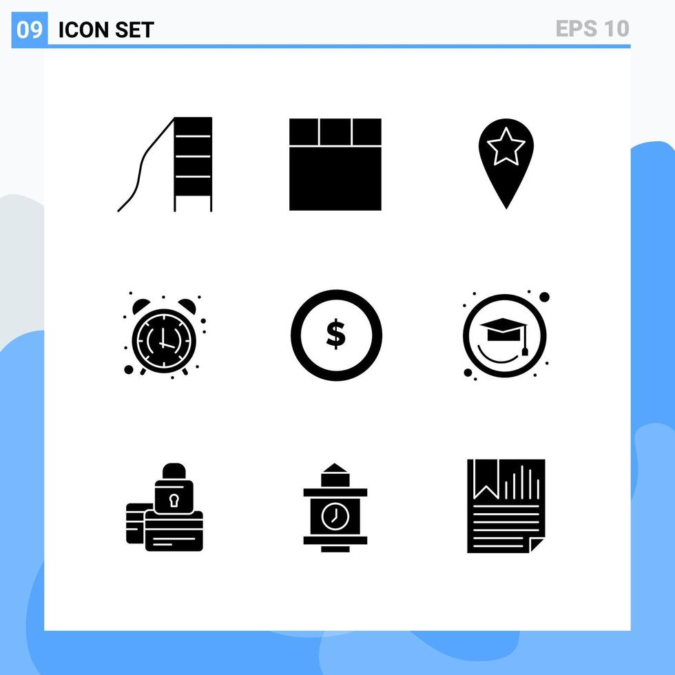 Mobile Interface Solid Glyph Set of 9 Pictograms of finance coin star business morning Editable Vector Design Elements