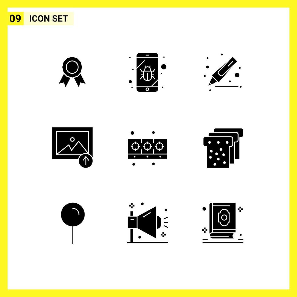 Mobile Interface Solid Glyph Set of 9 Pictograms of kitchen cooking drawing cooker photo Editable Vector Design Elements